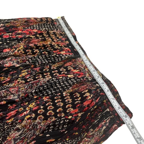Vintage Boho Floral Patchwork Print Pleated Skirt Black Drawstring Hippie - Picture 6 of 7